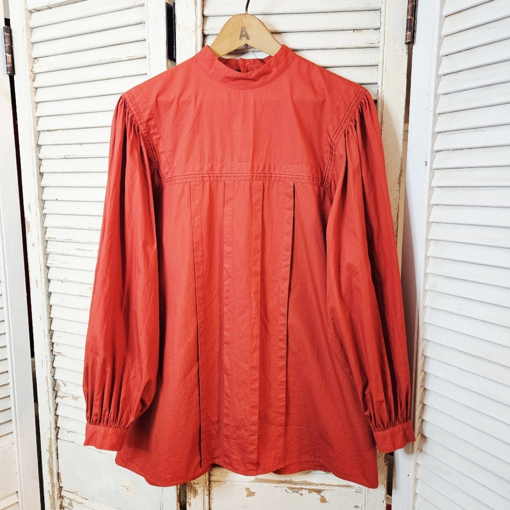Vintage 80s Eatons Victorian Style Cotton Blouse With High Neck Rust Red Medium